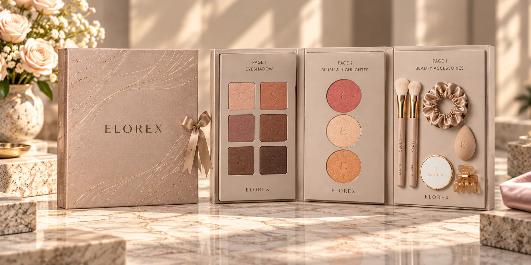 An Elorex book-style color cosmetics collection open to an eyeshadow palette, blush and highlighter, and beauty accessories