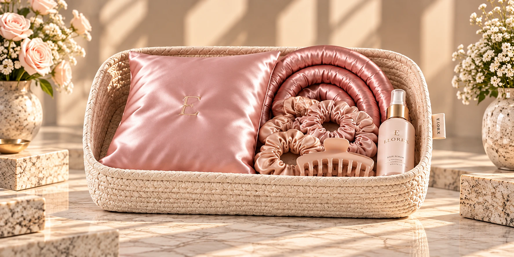 An Elorex Heatless Hair set in a woven basket with a satin pillowcase, scrunchies, a hair clip and hair serum