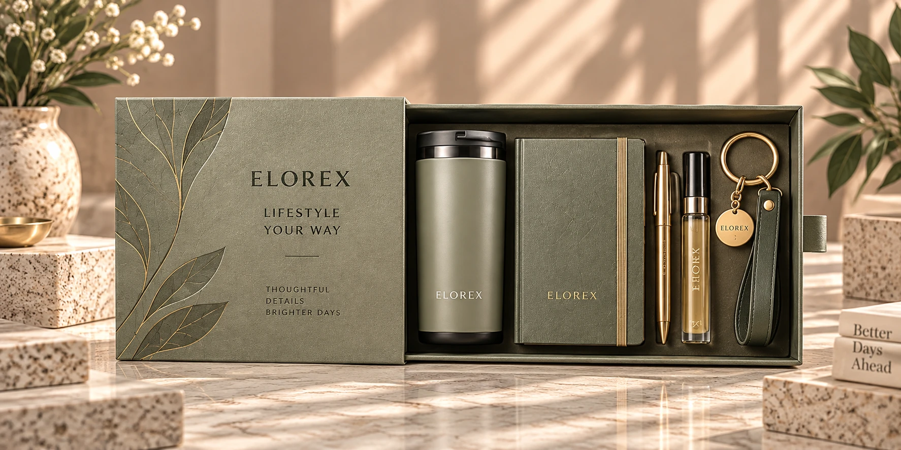 An Elorex Lifestyle Edit box open to reveal a tumbler, a notebook and pen, a fragrance atomizer and a keychain