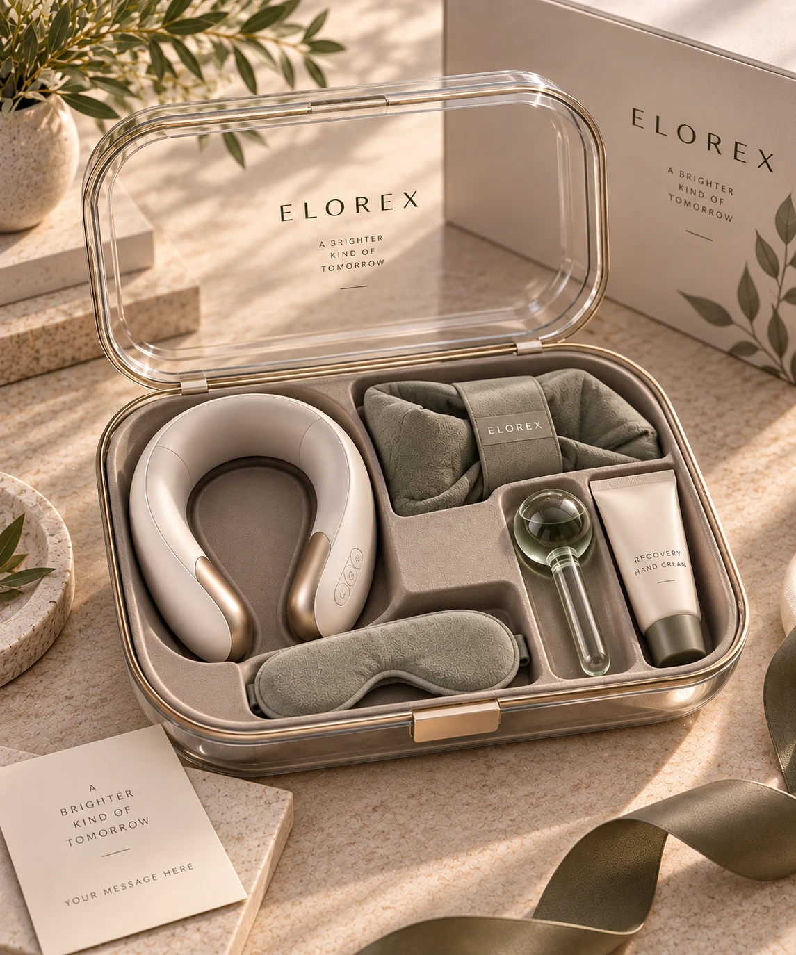 An Elorex Recovery Edit case open to reveal a neck massager, a weighted eye mask, crystal ice globes and recovery hand cream, beside a customizable message card