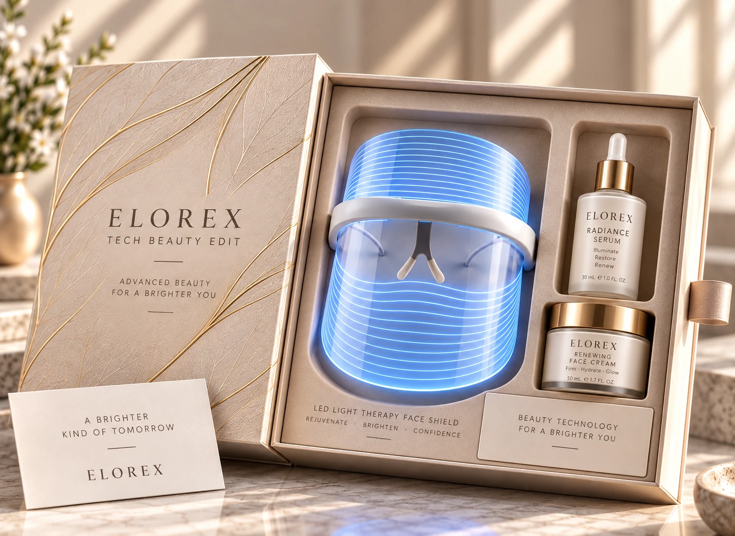 An Elorex Signature box open to an LED light-therapy face shield, a radiance serum and a renewing face cream