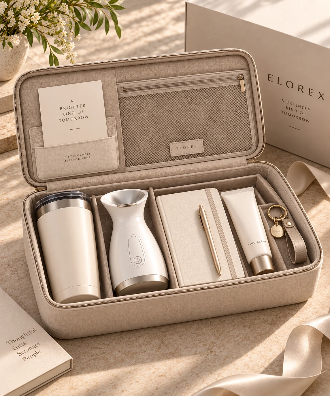 An Elorex Workday Edit case open to reveal a tumbler, an electric facial steamer, a notebook and pen, hand cream and a keychain, beside a customizable message card