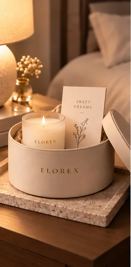 An Elorex round box open to a lit candle and a 'Sweet Dreams' card