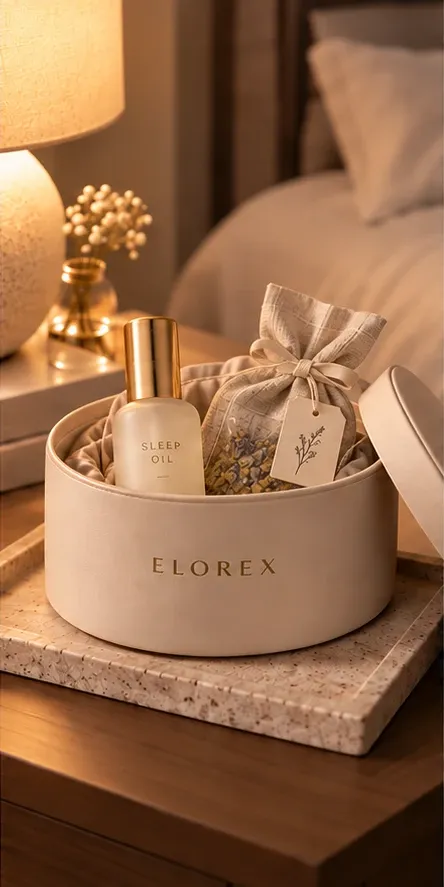 An Elorex round box open to a sleep oil and a botanical sachet