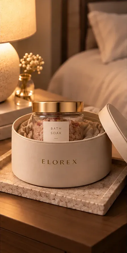 An Elorex round box open to a bath soak jar