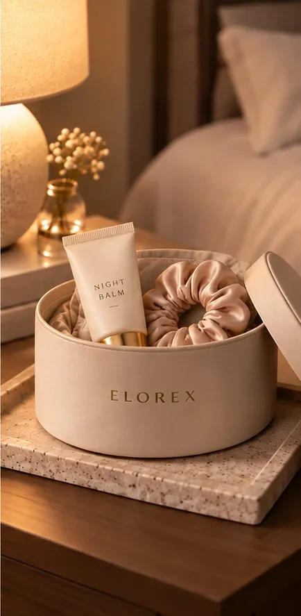 An Elorex round box open to a night balm and a silk scrunchie