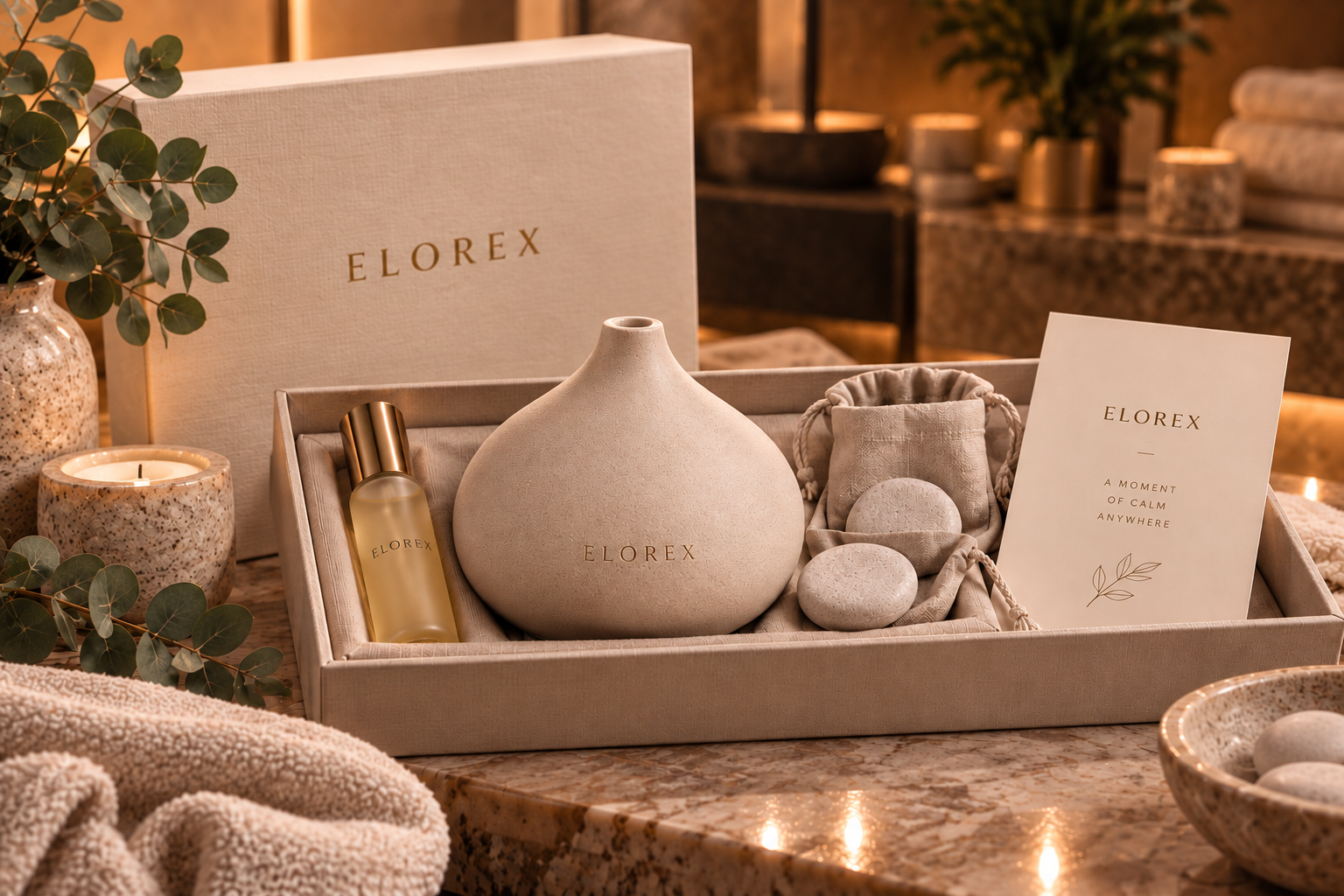 An Elorex ceramic diffuser vessel with a rollerball oil and aroma stones, beside a ritual card