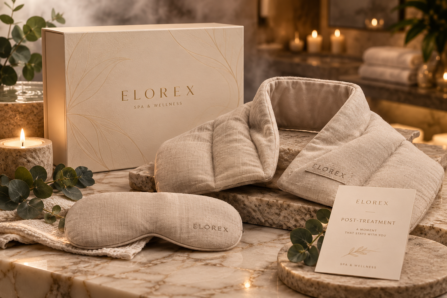 An Elorex Spa & Wellness box with a hot/cold neck wrap, a weighted eye/temple wrap and a post-treatment card