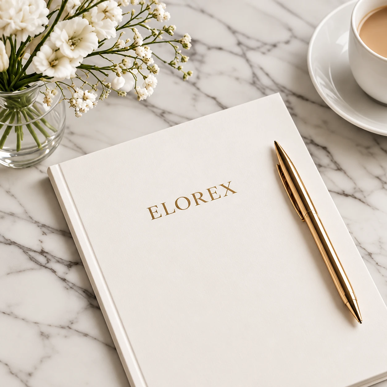 An Elorex notebook and gold pen beside a cup of coffee and white flowers, on a marble surface