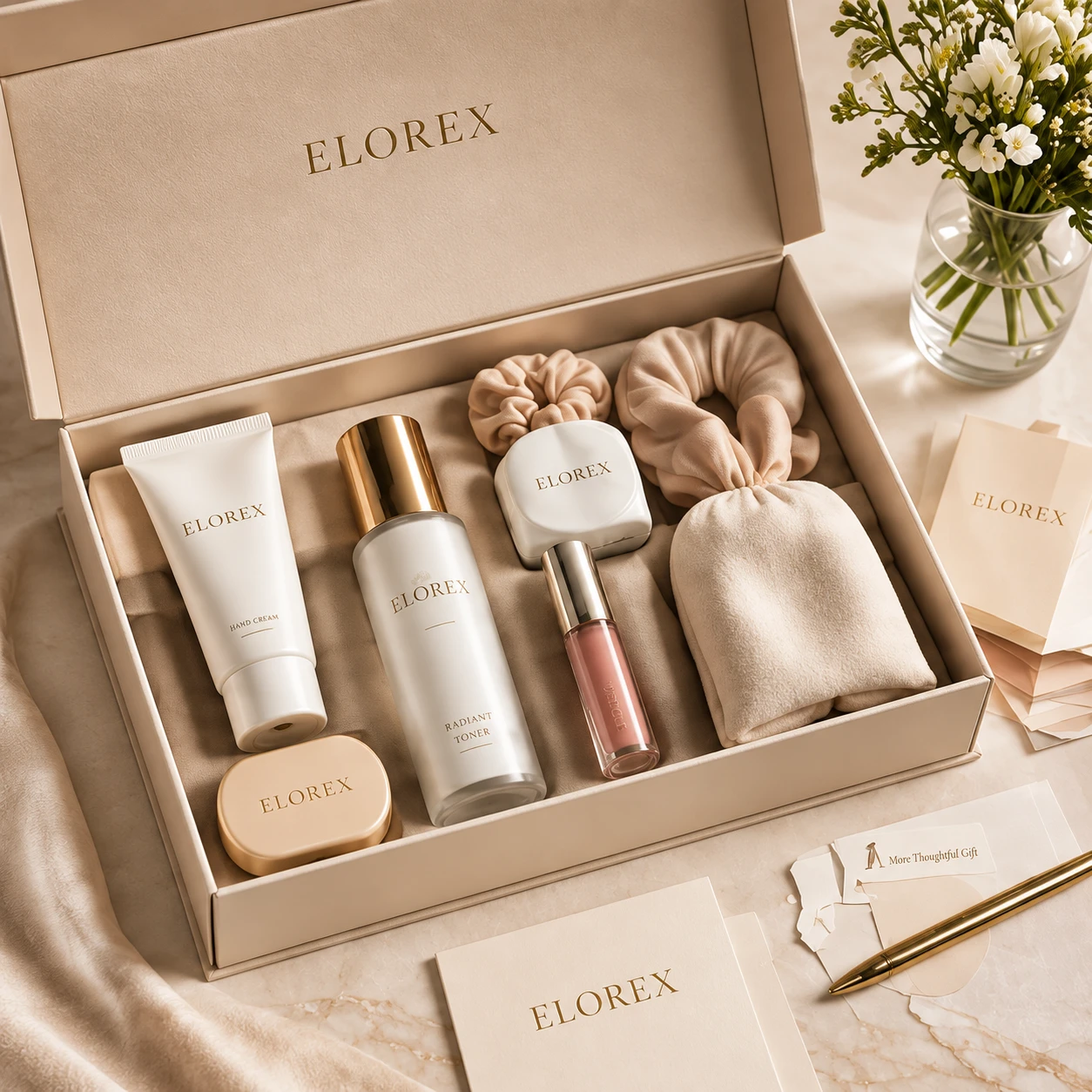 An open Elorex gift box with hand cream, toner, lip gloss, hair accessories and a pouch