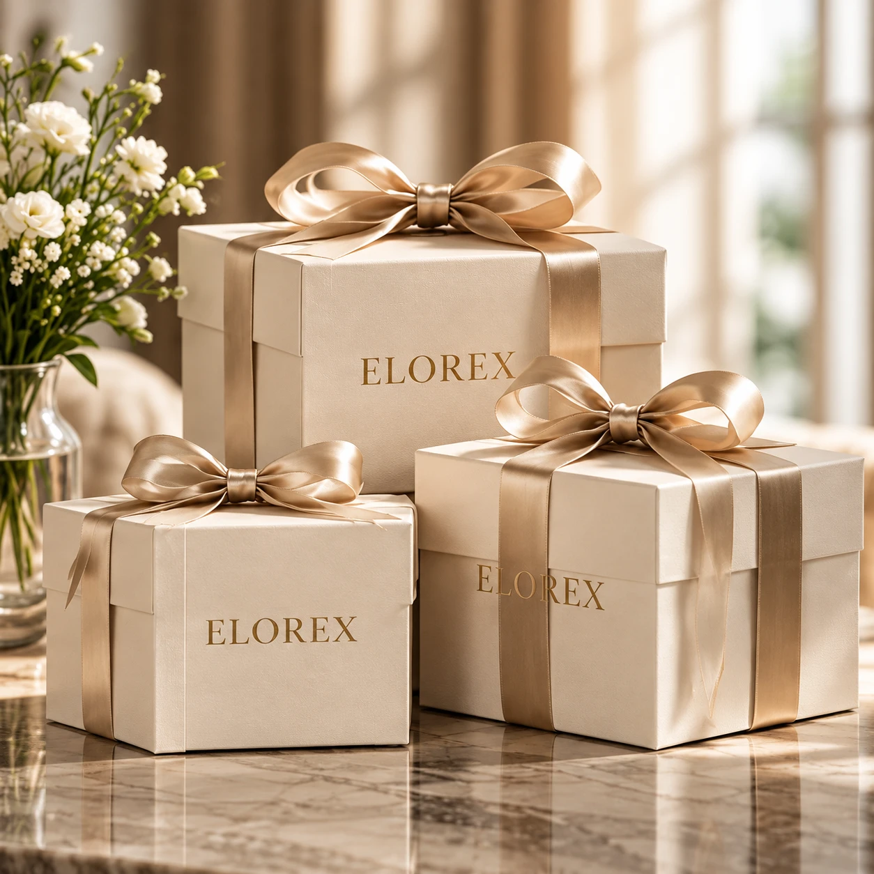 Three ribboned Elorex gift boxes of different sizes on a marble surface, beside white flowers